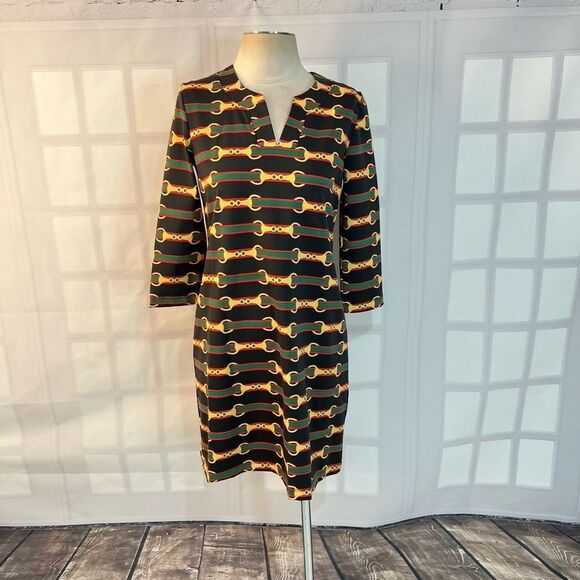Sailor-Sailor Dresses & Skirts - Sailor-Sailor black 3/4 sleeve red green striped chain print shift dress size sm